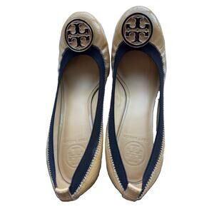 Tory Burch Caroline Wedge golden yellow with black trim size 9 M